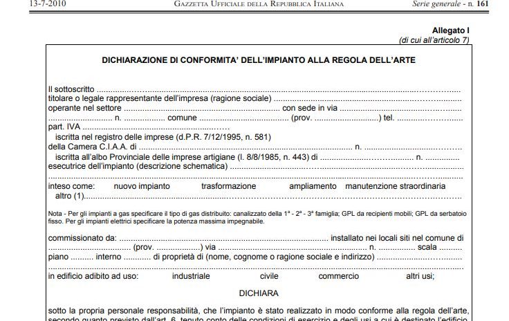 LA DICHIARAZIONE DI CONFORMITA’ DI UN IMPIANTO