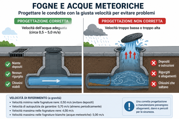 Fognature e acque meteoriche: progettare correttamente le velocità
